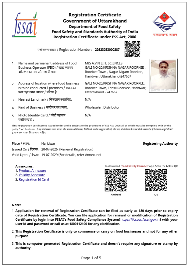 Department of Food Safety Registration Certificate